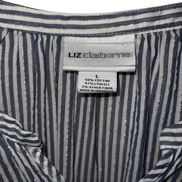 Liz Claiborne Navy White Striped Metallic Thread Tunic Top Size L Peasant Blouse - Picture 6 of 9